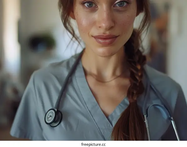 Close-up portrait of a confident female doctor with freckles