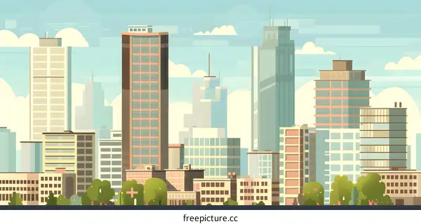 Cityscape Illustration with Tall Buildings and Green Trees