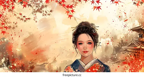 A beautiful Japanese woman in a kimono stands in a field of red maple leaves.
