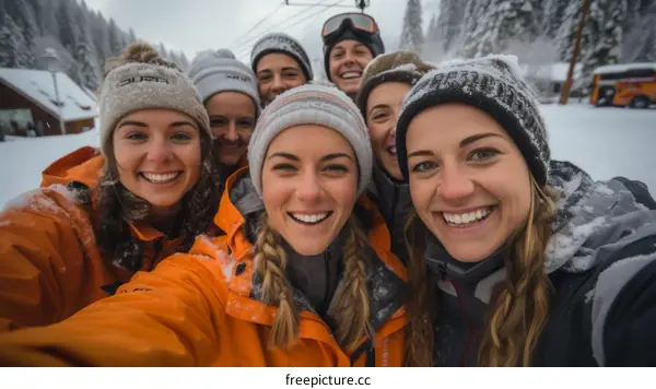 A group of seven female friends on a snowy mountain