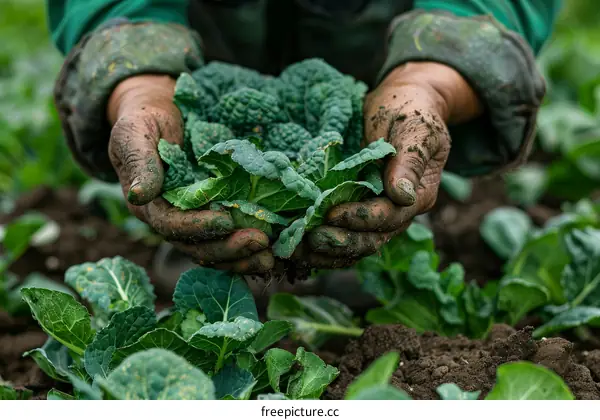 Close-up of a farmer's hands holding a handful of organic kale