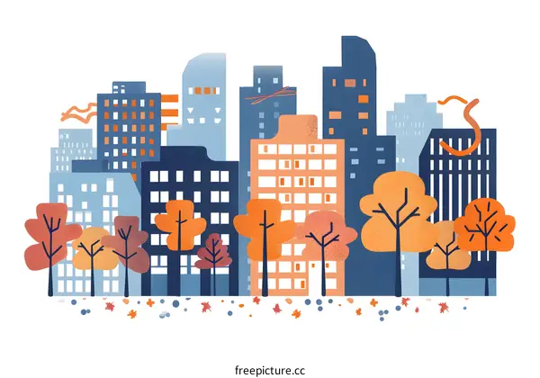 Colorful Illustration of Autumn Cityscape