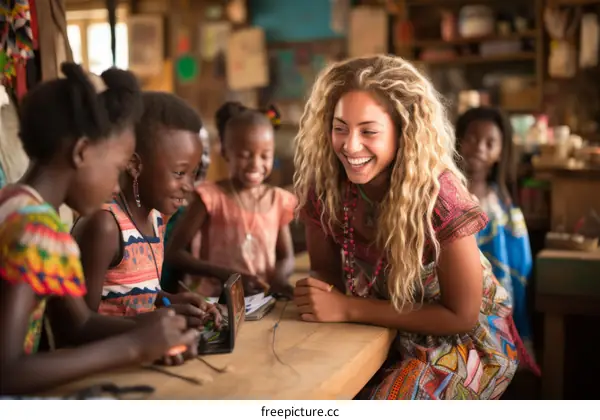 A blonde woman is sitting at a table with a group of African children.