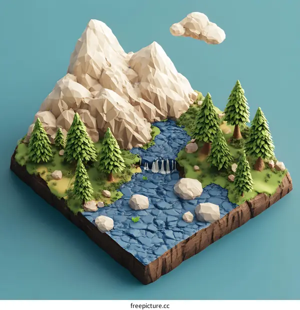 Low Poly 3D Mountain Landscape with River and Trees