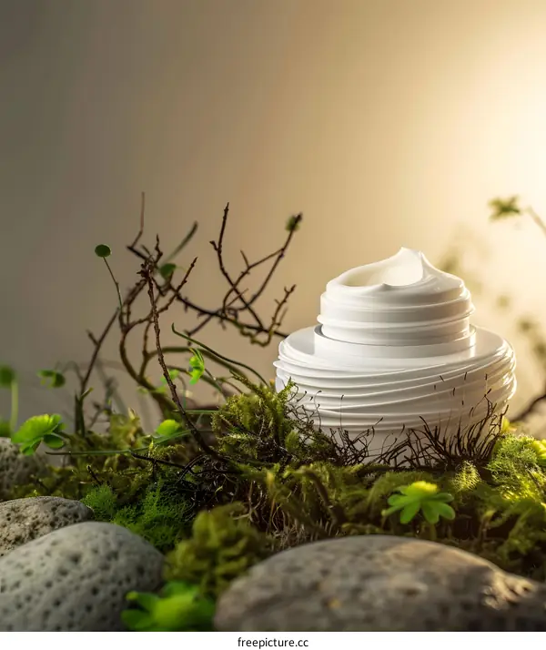 White Cream Jar In Mossy Nature Setting