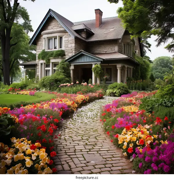 A beautiful stone house with a lush garden