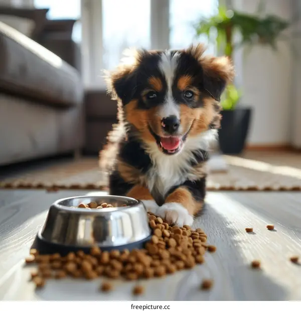 Cute Australian Shepherd Puppy Sitting and Eating in Front of a Spilled Dog Food Bowl