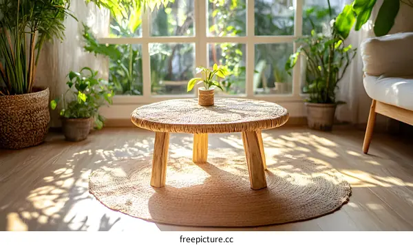 Wooden Table With Woven Top and Legs in a Sunlit Room