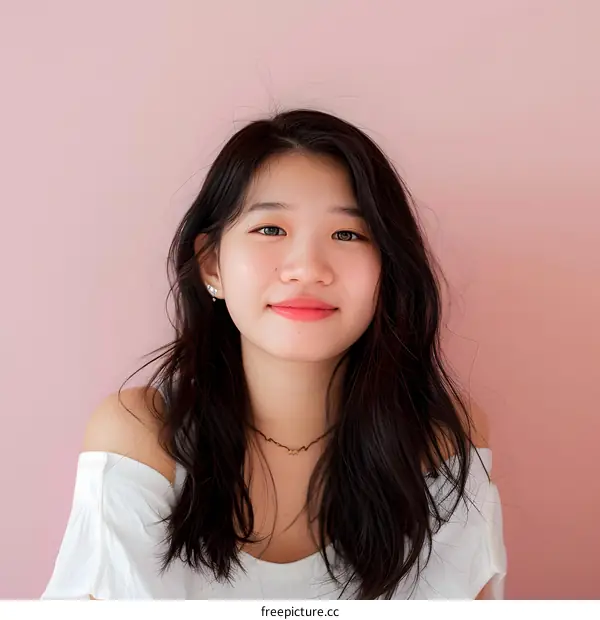 Asian Woman Smiling Portrait with Pink Background