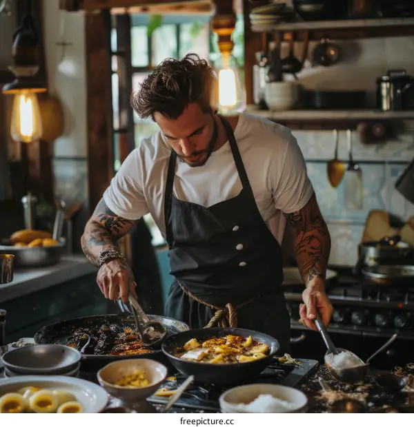 Young male chef cooking in a kitchen