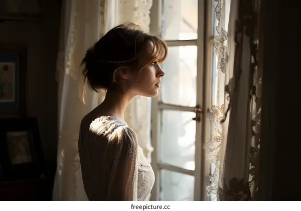 portrait of a young woman standing in front of a window