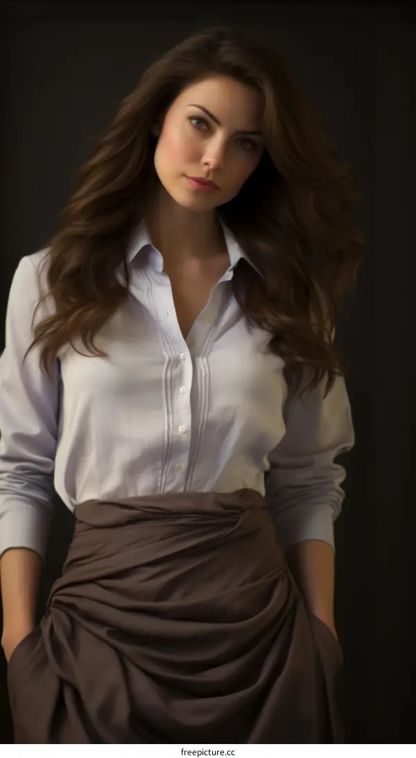 Portrait of a beautiful young woman with long brown hair wearing a blue blouse and brown skirt