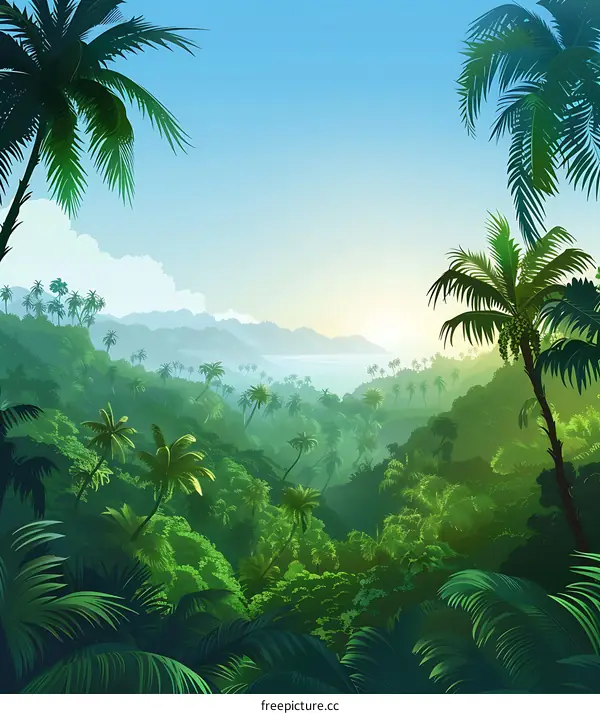 Tropical Rainforest Landscape with Lush Green Palms and Foggy Mountains