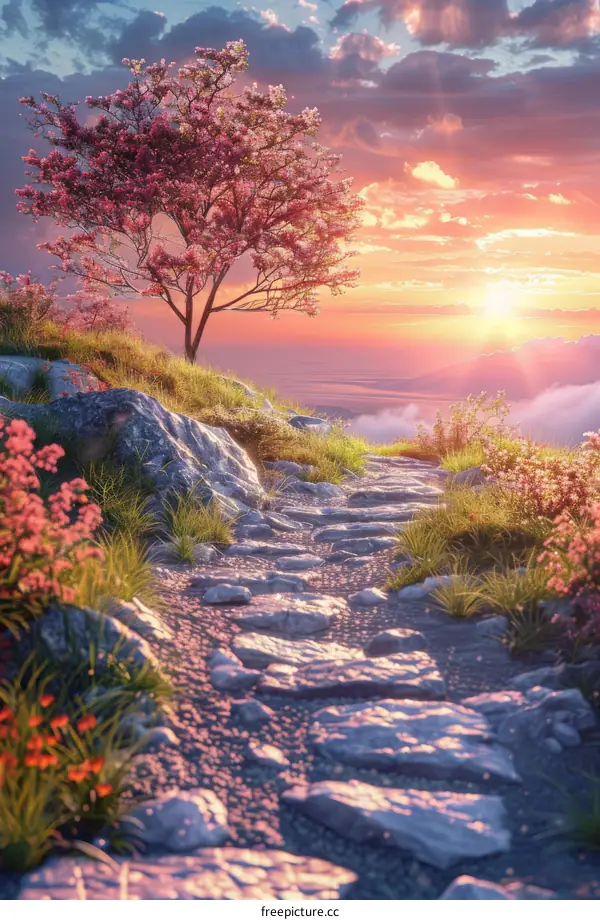 Stunning Fantasy Landscape with Cherry Blossom Tree at Sunset