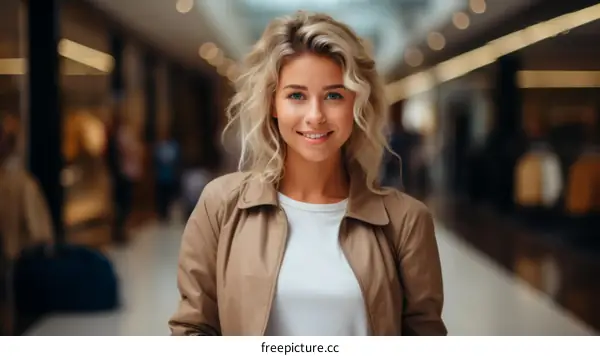 Portrait of a smiling young woman with blonde hair and blue eyes wearing a brown jacket