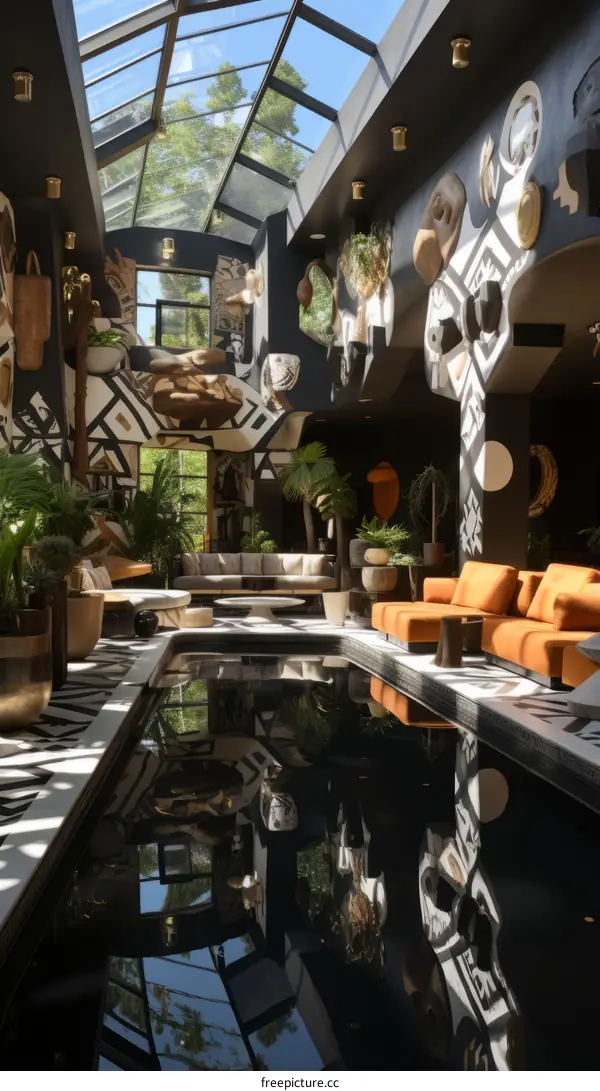 Modern African interior design living room with pool