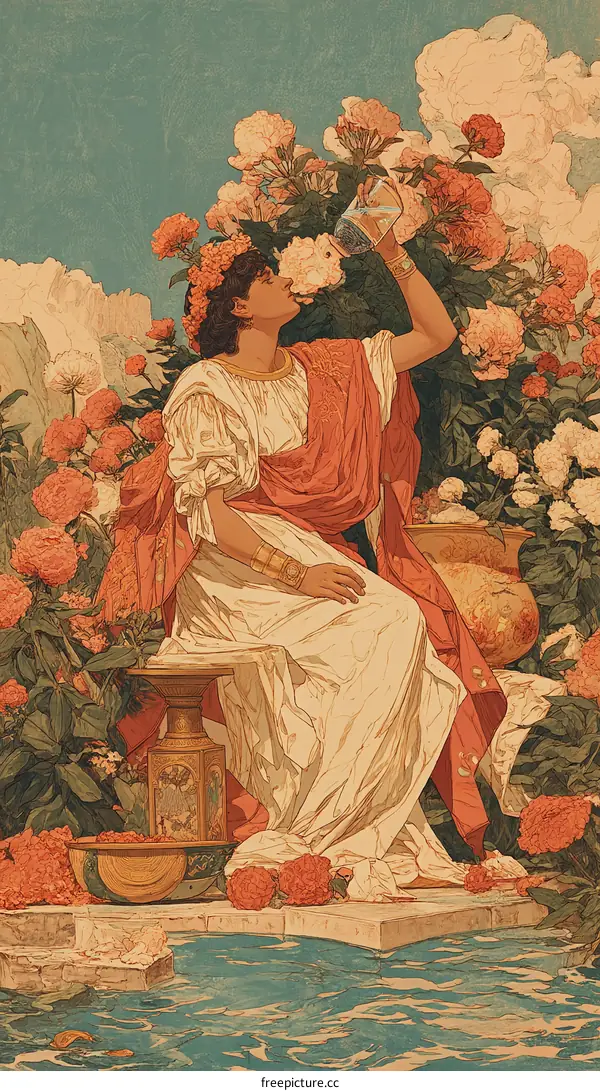 Woman Drinking Floral Essence in a Garden Setting