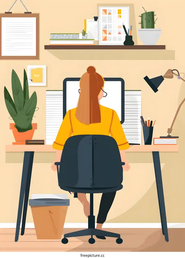 Woman Working From Home on Computer Illustration