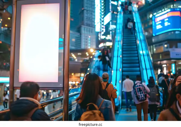 Blank Billboard Sign In Front of People Going Up an Escalator In Hong Kong