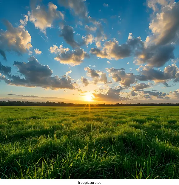 Sunset over Green Field with Cloudy Sky