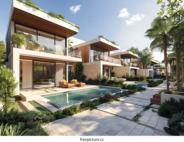 Modern Villa With Pool And Lush Green Landscaping