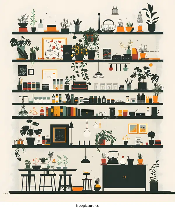 Minimalist Illustration of a Home Interior with Shelves Filled with Plants and Objects