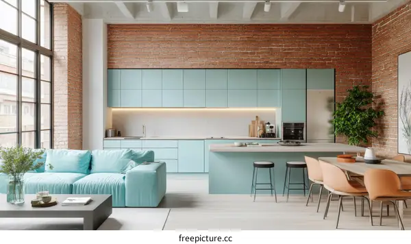 Modern Light Blue Kitchen Living Room Interior Design