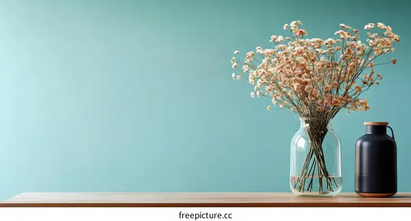 Dried Flowers in Glass Vase on Wooden Table