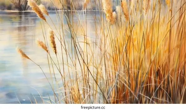 Watercolor Painting of Bulrushes by the Lake