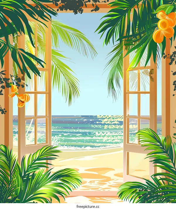 Tropical Beach View Through Open Doors