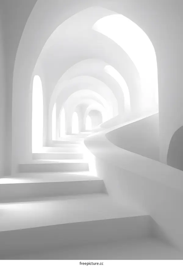 White Architecture with Curved Staircase and Arches