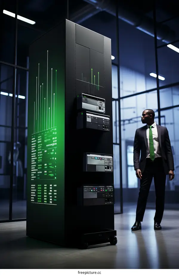 Businessman looking at a control panel with graphs and data.