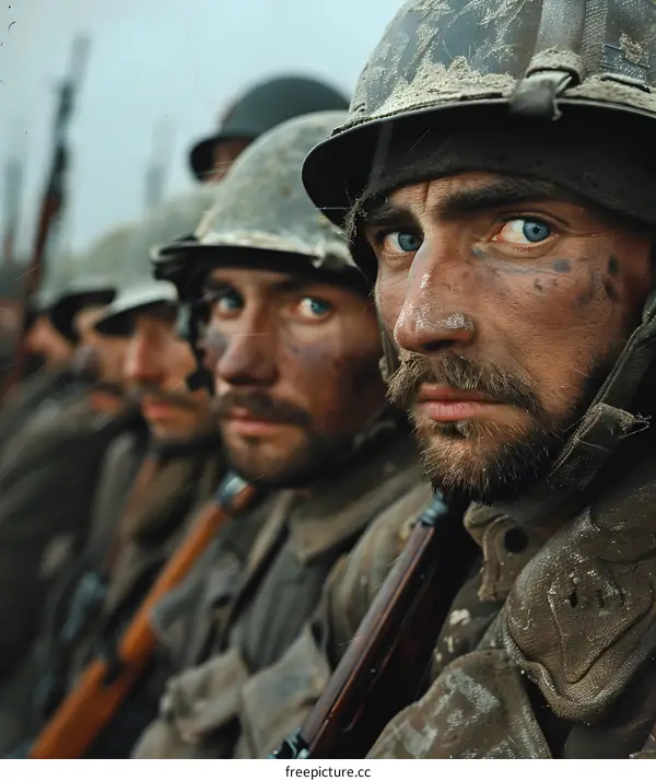 A group of soldiers with blue eyes and dirty faces