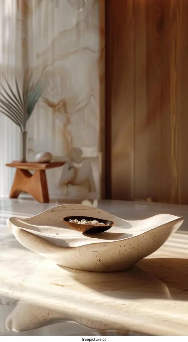 Handcrafted Wooden Bowl with Natural Stone Background