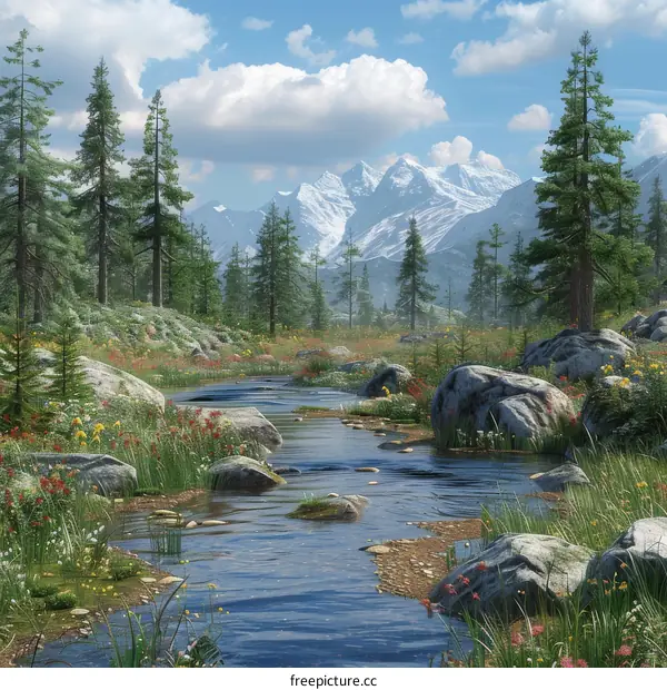 Serene Mountain River Landscape with Rocks, Trees and Flowers