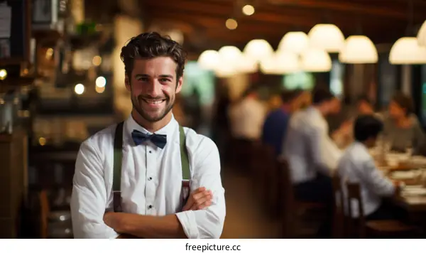 Portrait of a happy waiter in a restaurant