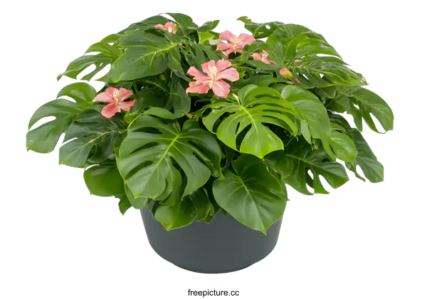 [Transparent Background PNG]Monstera Deliciosa Plant With Pink Flowers In A Black Pot