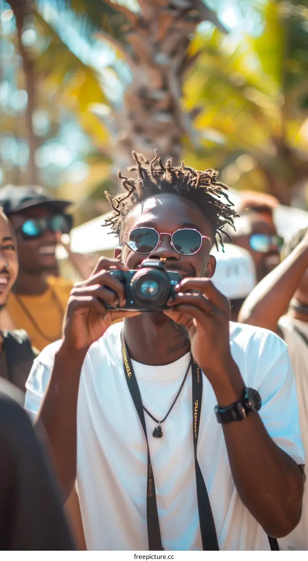 A young man with dreadlocks is taking a picture of his friends
