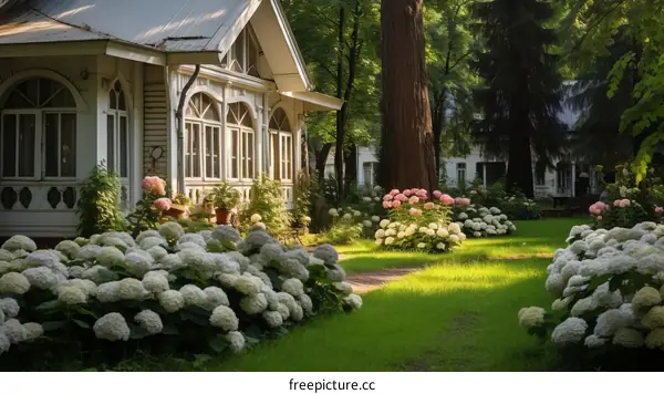 White Wooden Cottage with Pink Hydrangea Flowers in a Summer Garden