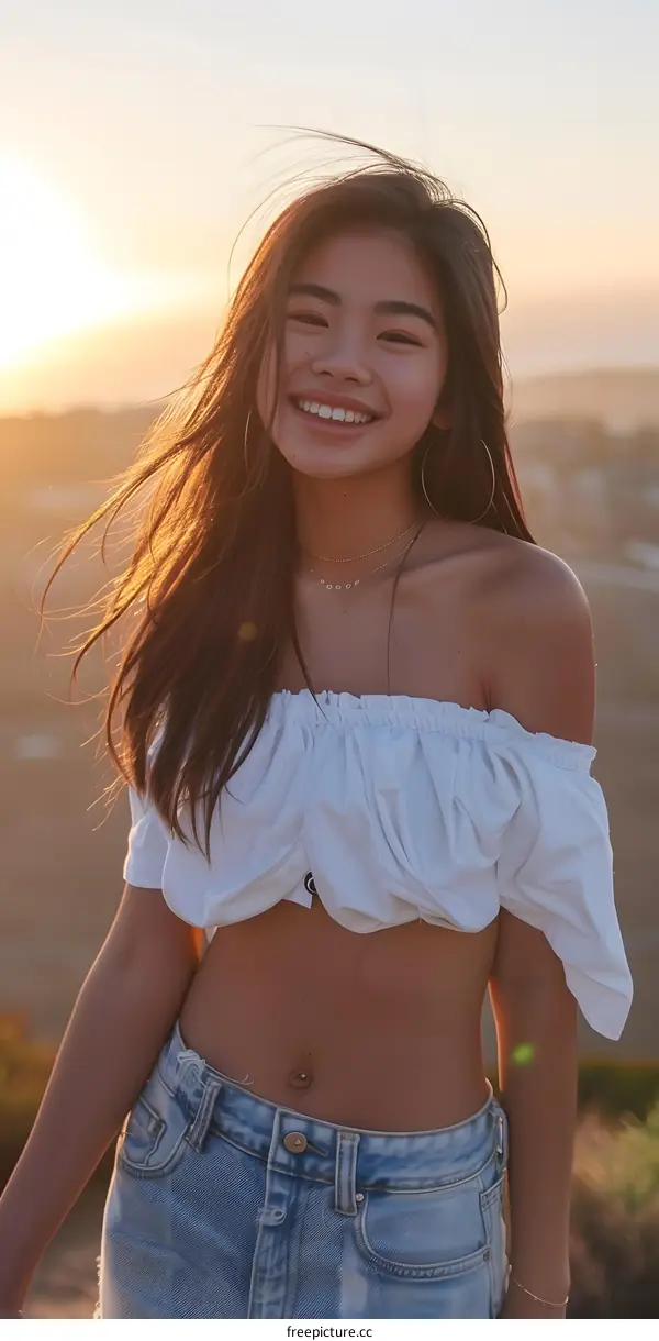 Happy Asian Woman with a White Top and Jeans