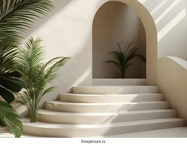 Minimalist White Staircase With Palm Trees and Archway