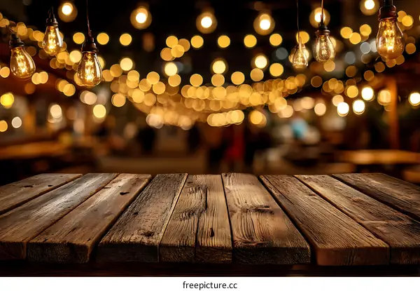 Rustic Wooden Tabletop with Bokeh Lights