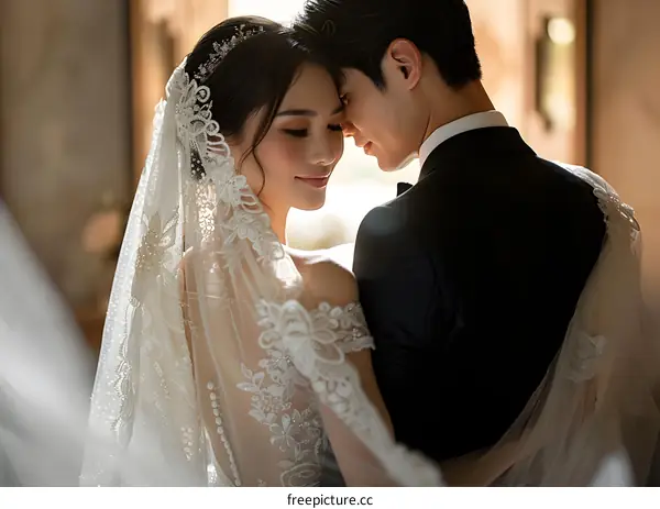 A newlywed couple in their wedding dress taking pictures