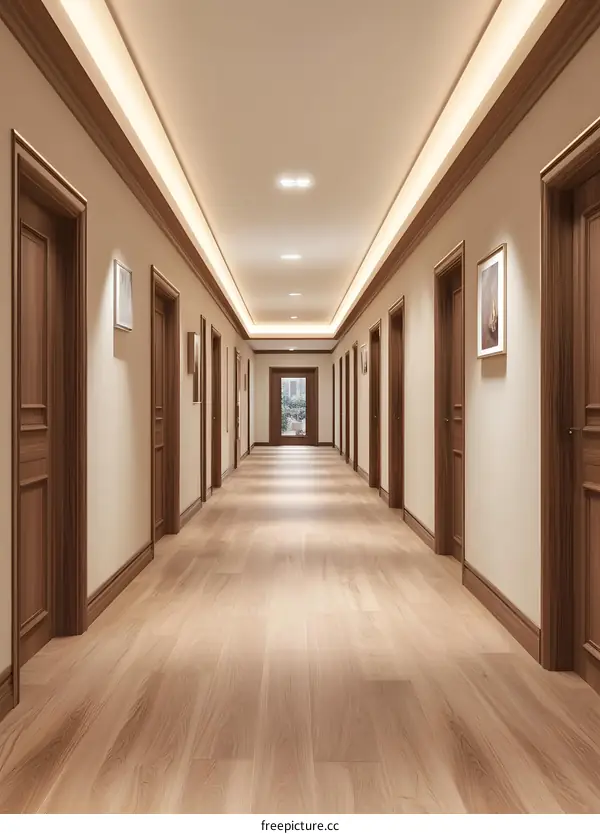 Empty Hallway with Wooden Doors and Light Fixtures