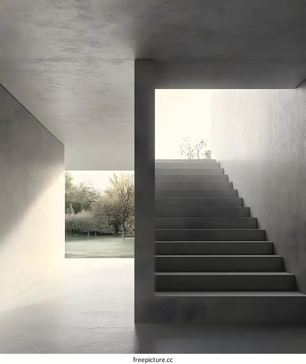 Minimalist Concrete Staircase with View of Garden