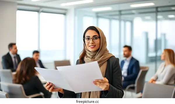Smiling Businesswoman in Hijab Holding Documents in Office Meeting