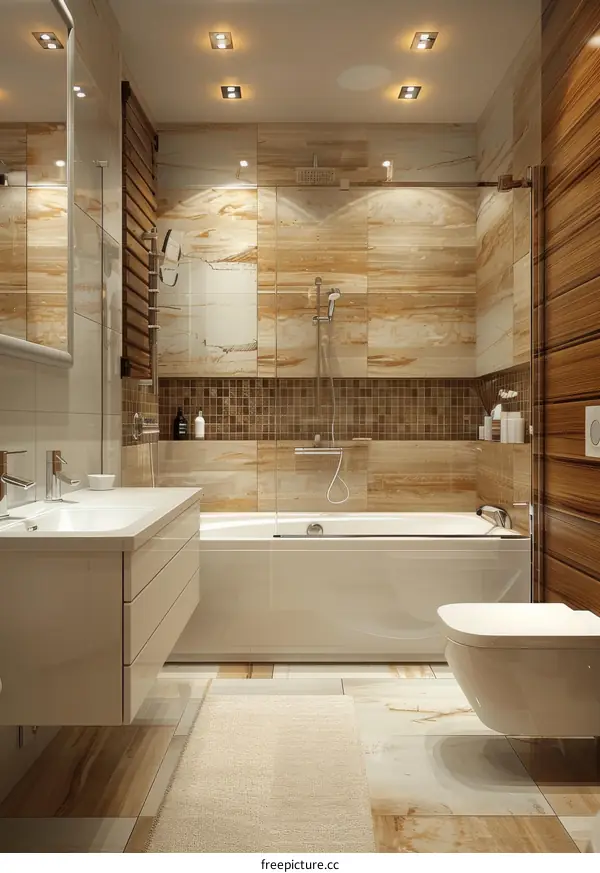 Modern Bathroom Interior Design with Wood and Tile Accents