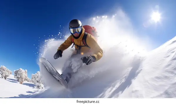 Young male snowboarder in a yellow jacket and black helmet snowboarding down a snowy mountain slope on a sunny day with blue sky and trees in the background