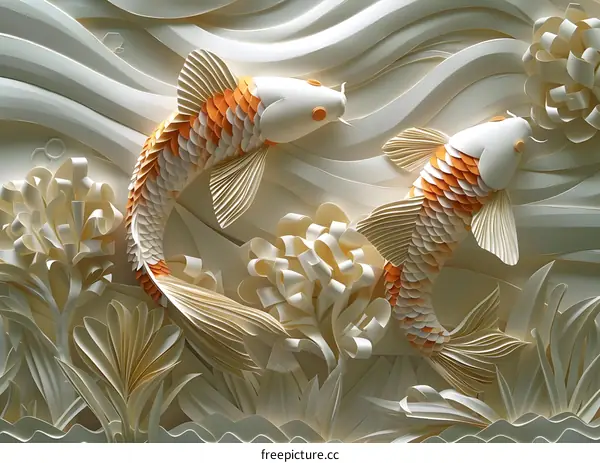 Two koi fish made of white and orange paper. The background is white and has a wave pattern. There are also some white and orange flowers in the background.