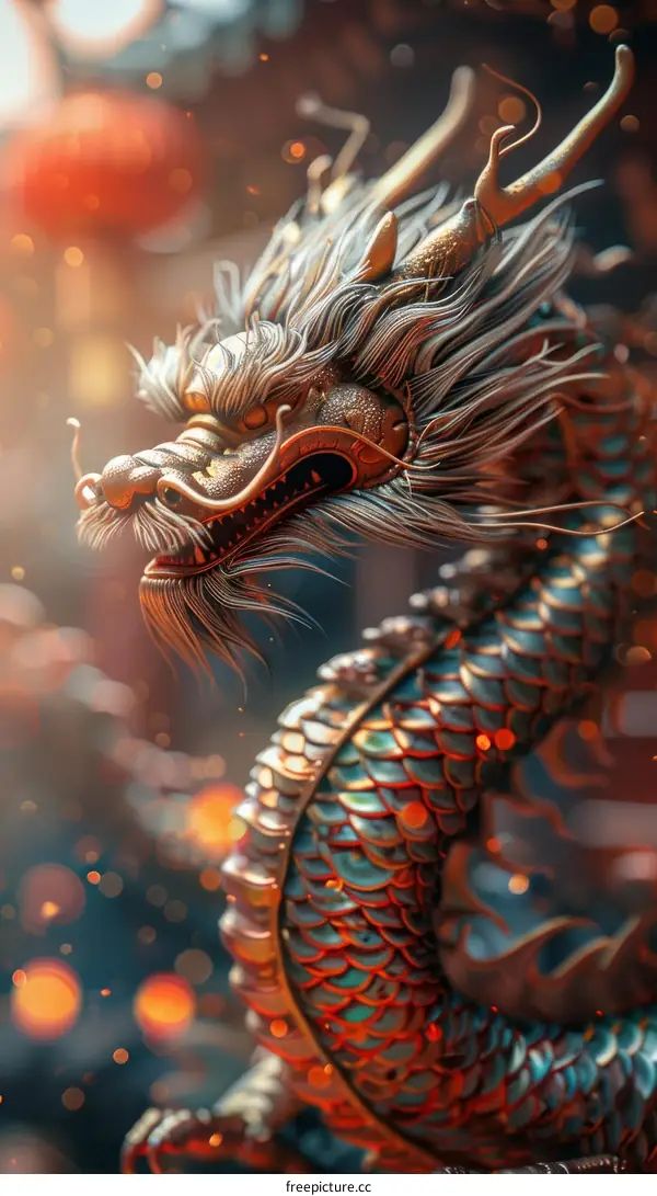 A golden dragon statue with intricate details and glowing red lanterns in the background.